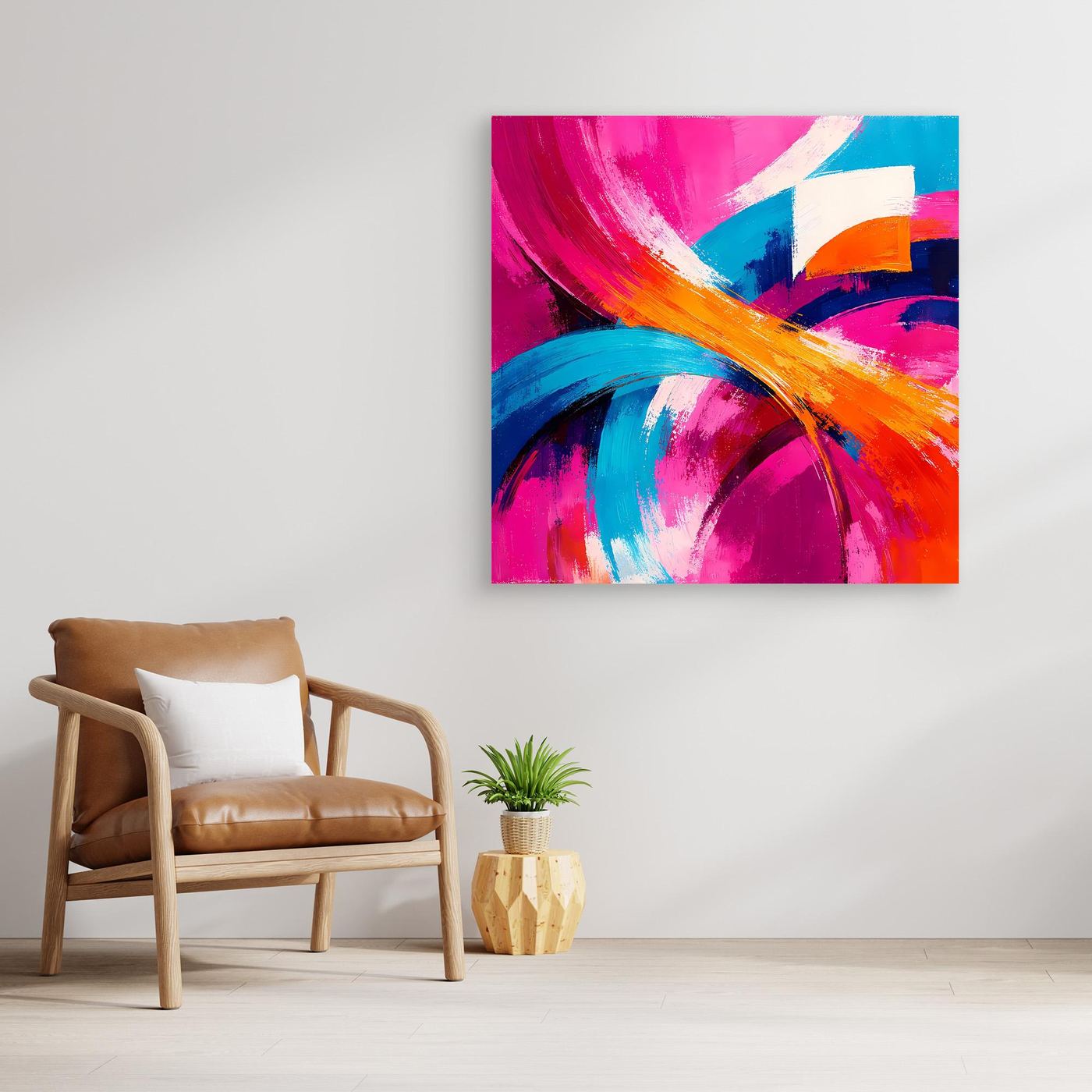 Abstraktes Leinwandbild mit kräftigen Farbflächen in Pink, Blau und Orange