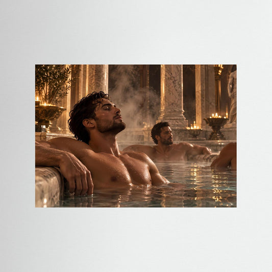 Gerahmtes Wandbild mit Badehalle: Männer im Wasser, Säulen und Figurenszene.