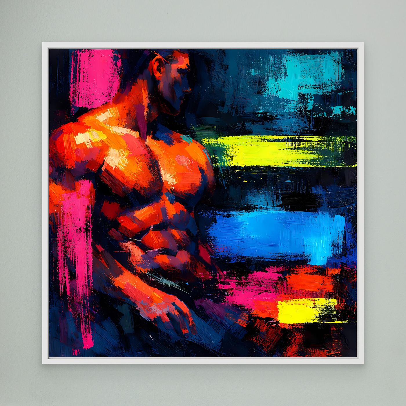 Leinwandbild Abstrakter Männlicher Torso | Moderner Neon-Kunst Wandbild auf echtem Holzkeilrahmen