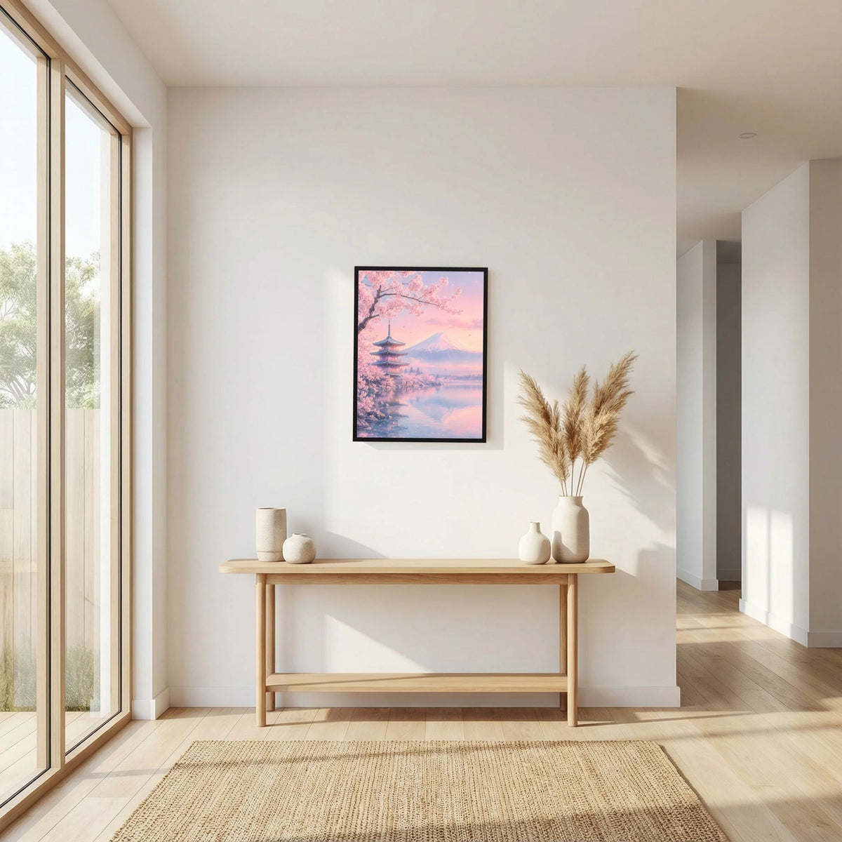 Hochformat-Poster mit Kirschblüten und Pagode vor Fuji, Pastellrosa, im schwarzen Rahmen