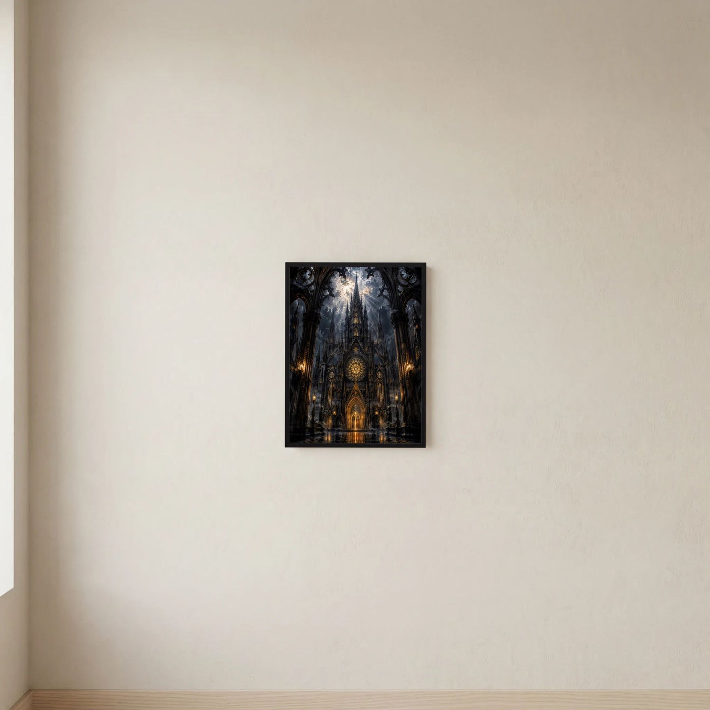 Kleines Hochformat-Poster: gotische Kathedrale in Schwarz und Gold, schwarzer Rahmen