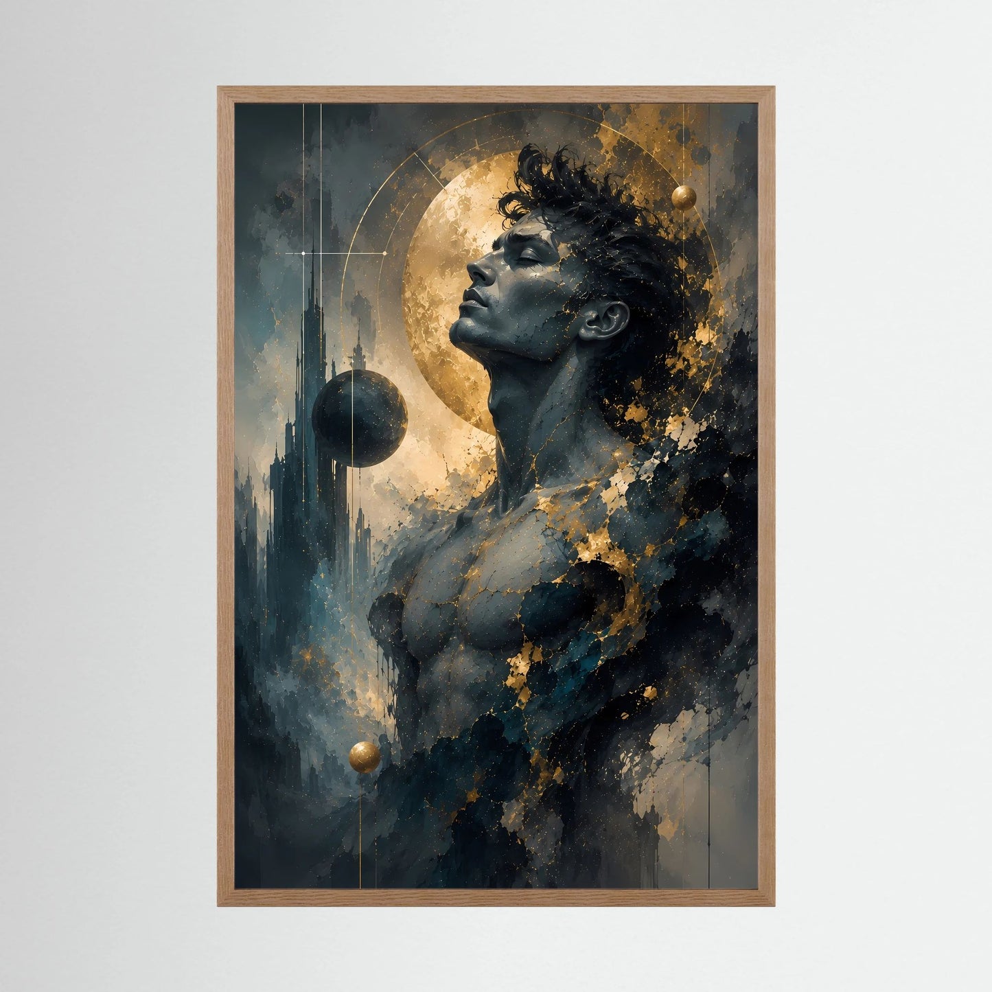 Kosmischer Mann in Gold und Anthrazit | Mystische abstrakte Weltraumkunst | Poster Hochformat
