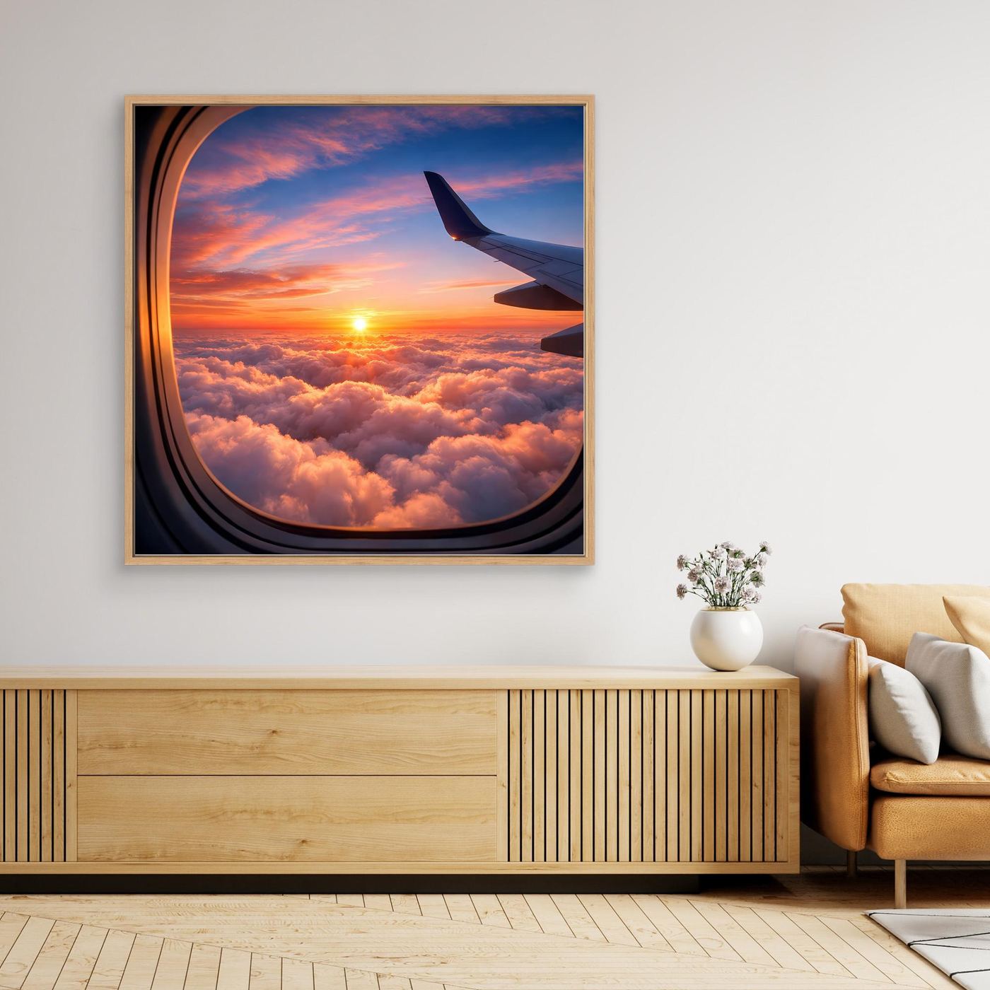 Leinwandbild mit Flugzeugfenster, Sonnenuntergang über Wolken, heller Holzrahmen