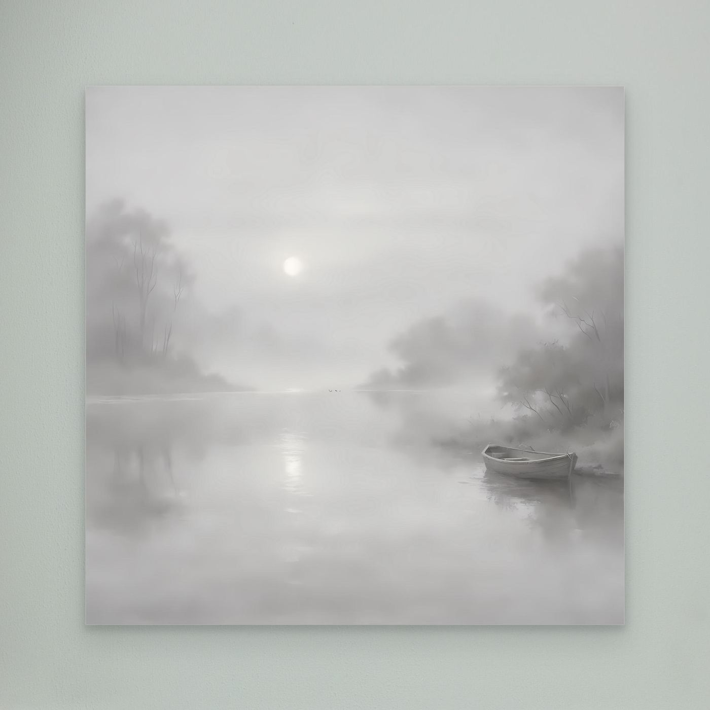 Leinwandbild mit nebligem Flussmotiv in Grau, quadratisch, ohne Rahmen