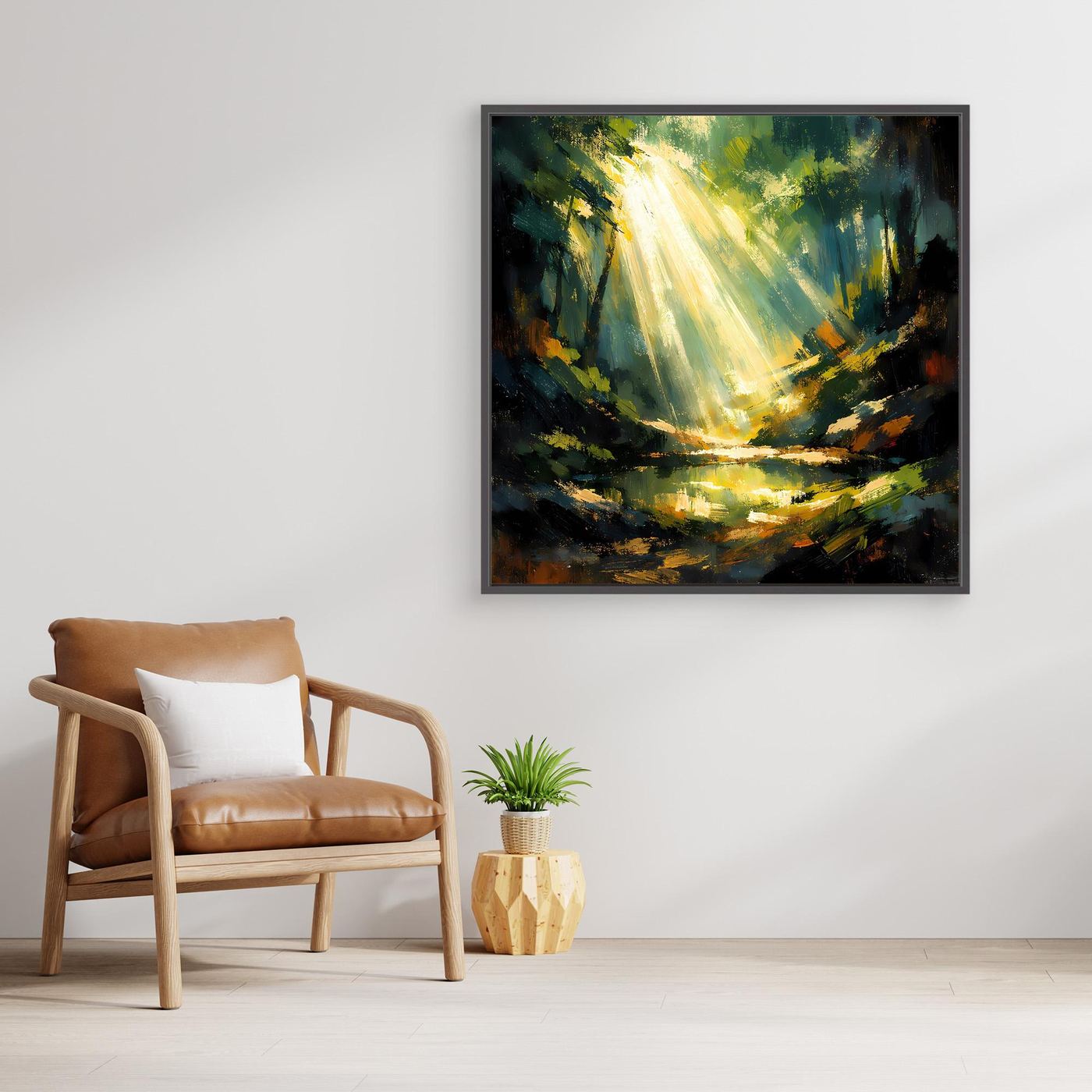 Leinwand-Wandbild: abstrakter Wald und Teich mit goldenen Lichtstrahlen, schwarzer Rahmen