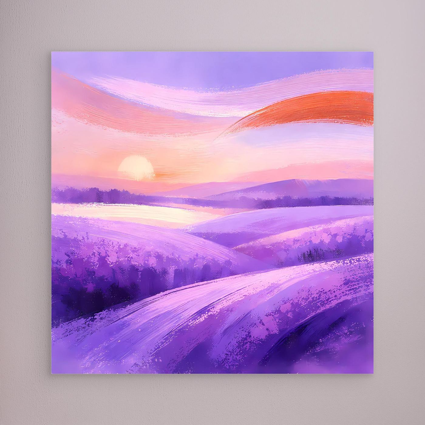 Leinwandbild mit abstrakten Lavendelfeldern und orangefarbenem Himmel, ohne Rahmen