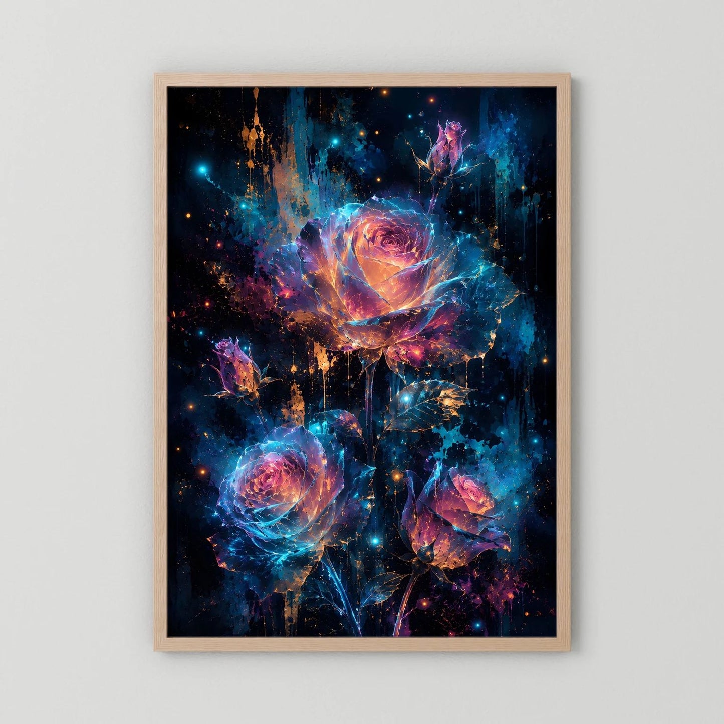 Wandbild mit Rosenmotiv in Blau, Pink und Gold, heller Holzrahmen