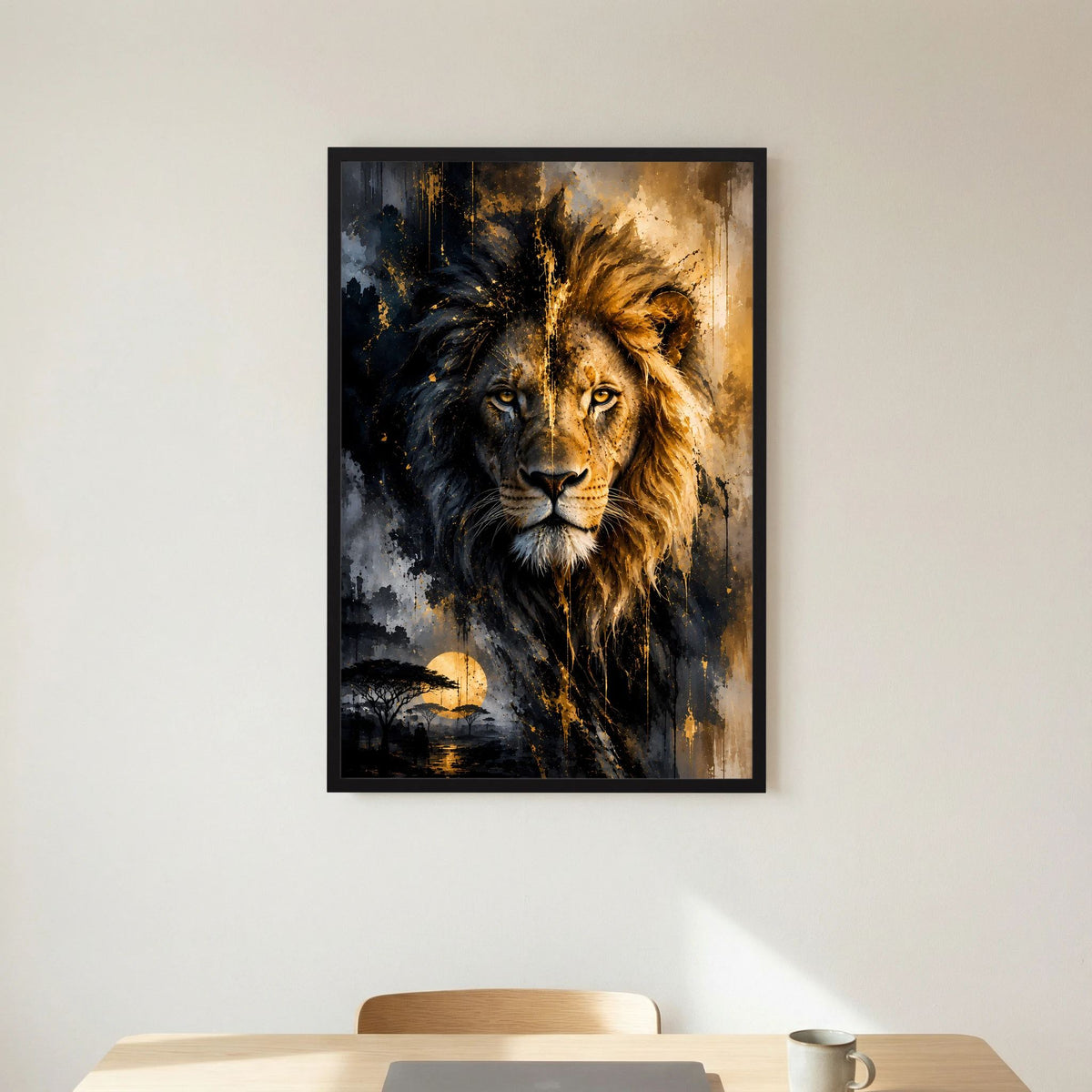 Löwenposter im Hochformat mit schwarzem Rahmen, zwei Löwenhälften Schwarz und Gold