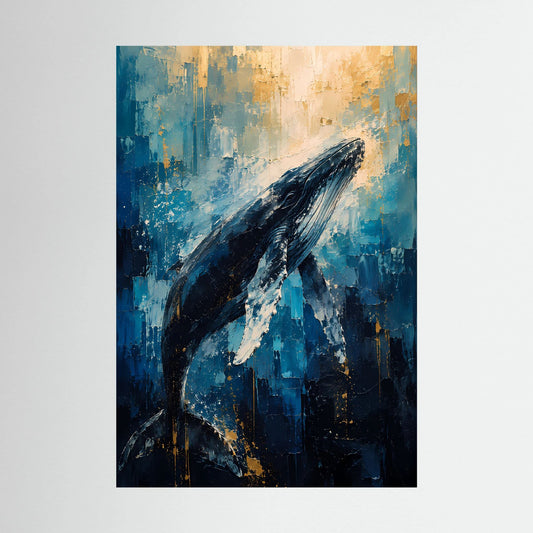 Poster im Hochformat mit Buckelwal in Blau und Gold, abstrakt, ohne Rahmen.
