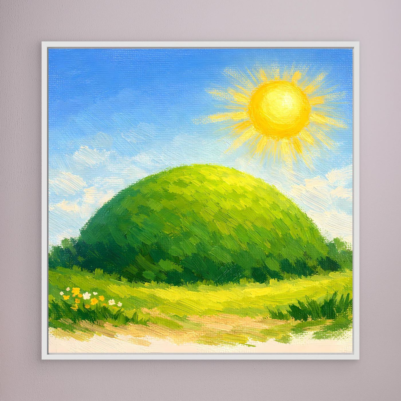 Leinwandbild mit grünem Hügel und gelber Sonne, im hellen Rahmen