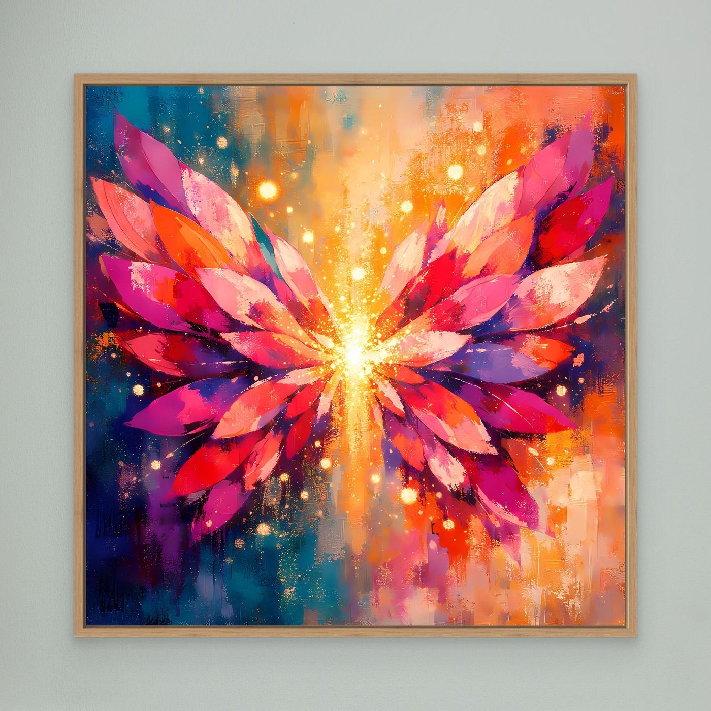 Wandbild mit Engelsflügeln im Lichtstrahl, abstrakte Farbflächen, im Eichenrahmen