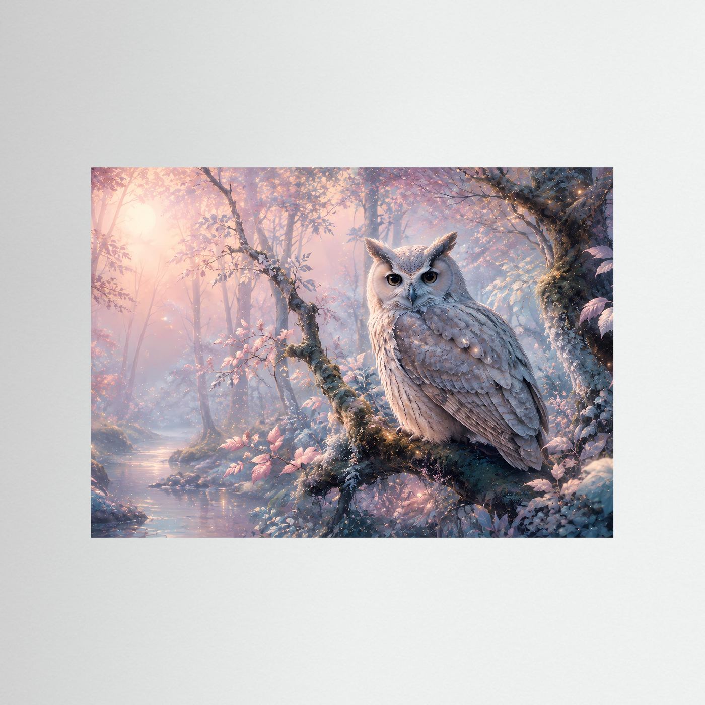 Eulen-Wandbild mit grau-brauer Eule im mystischen Wald, pastellfarben
