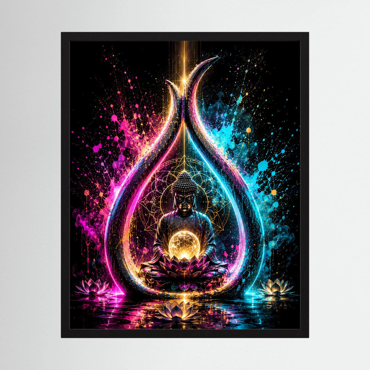 Meditierender Buddha auf Lotus, leuchtende Energiekugel, Neonlicht-Poster im schwarzen Rahmen.