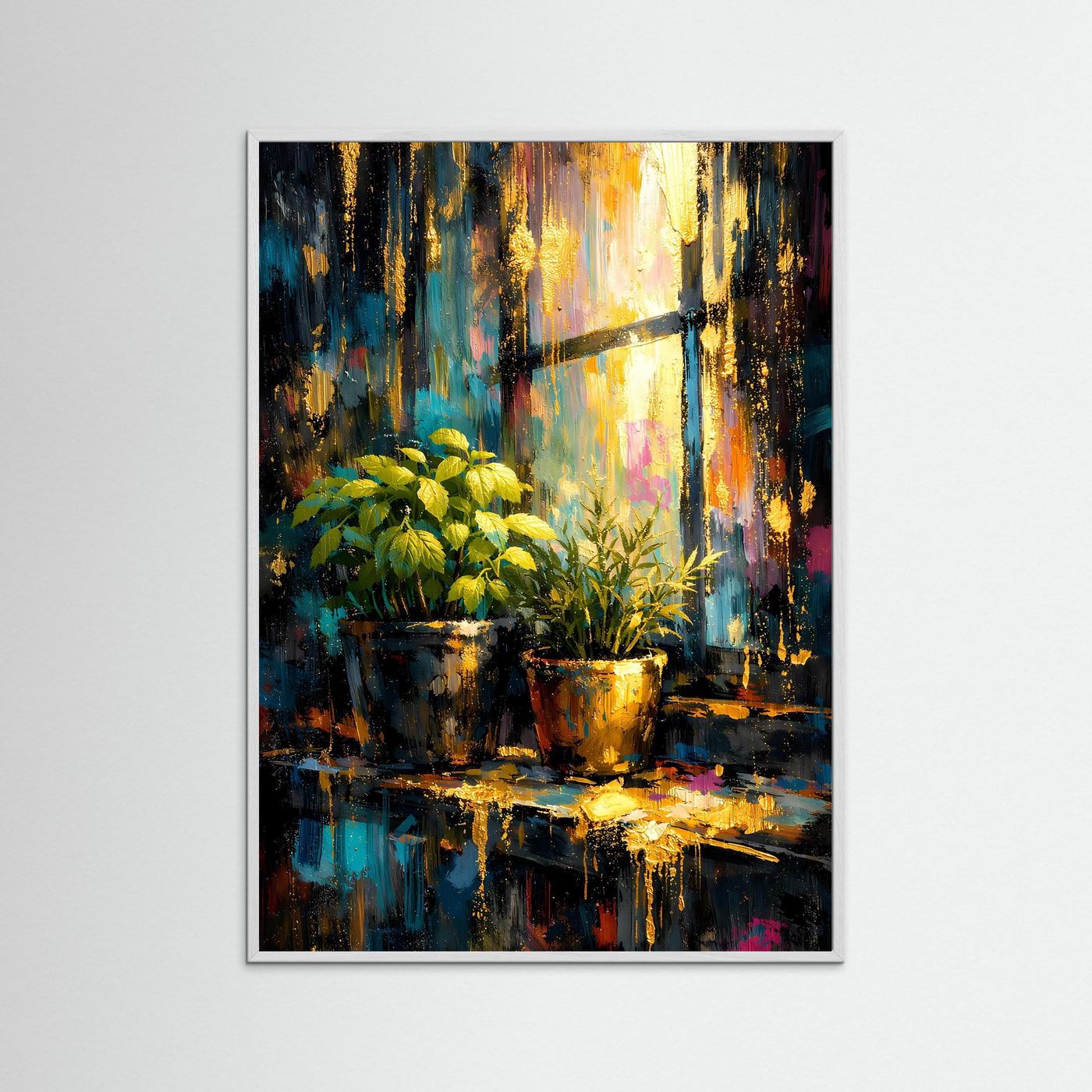 Stillleben-Poster mit Pflanzen im Topf und Fensterlicht, goldene Farbtupfer, grau gerahmt