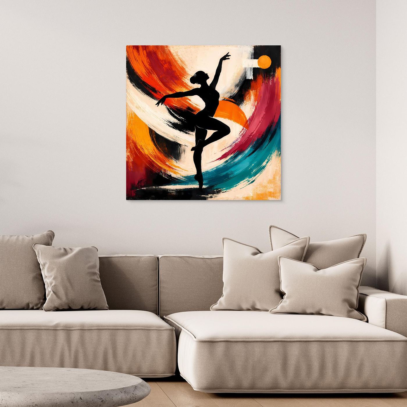 Leinwandbild mit abstrakter Ballerina: schwarze Silhouette, orange/türkise Pinselwirbel