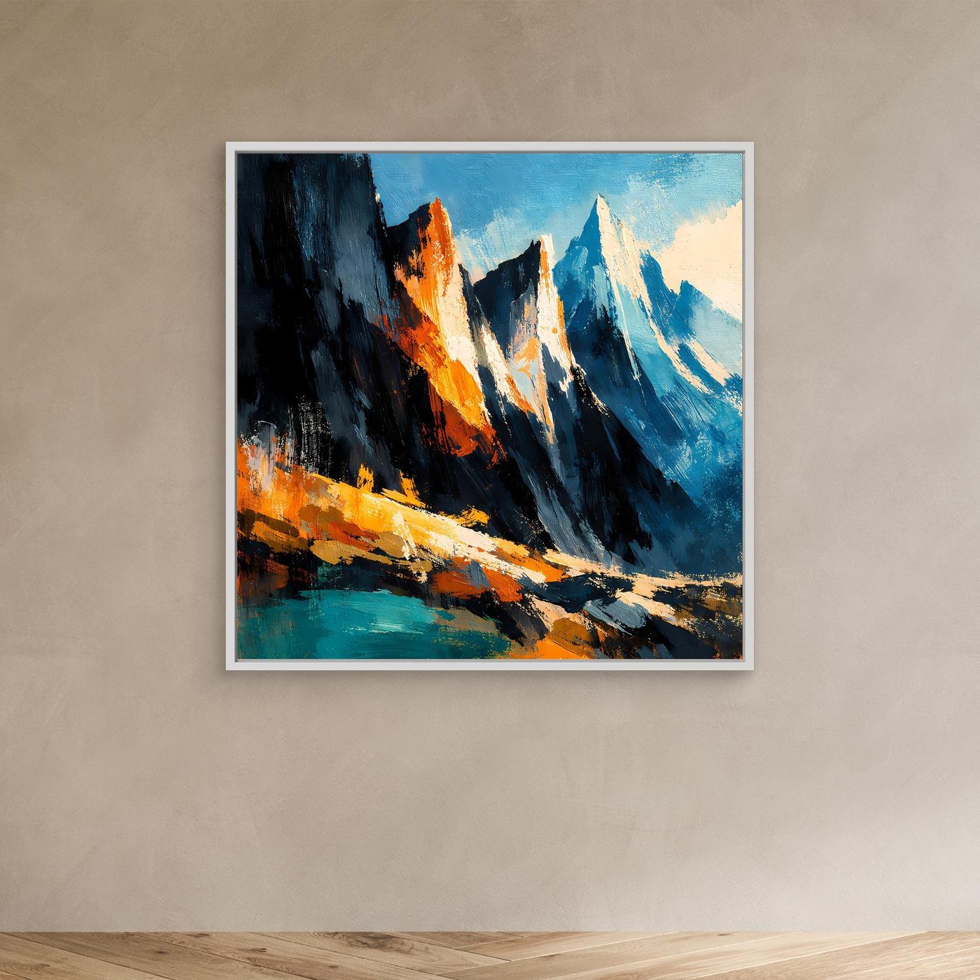 Abstraktes Leinwand-Wandbild mit Alpenbergen in Blau, Orange und Schwarz (weißer Rahmen)