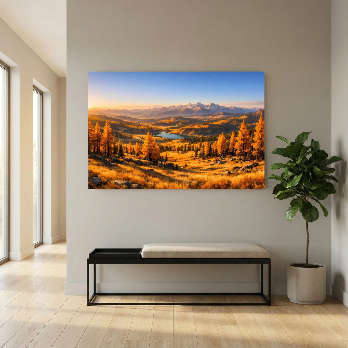 Wandbild im Querformat: Herbstlandschaft mit goldenem Wald, Fluss und schimmernden Bergen