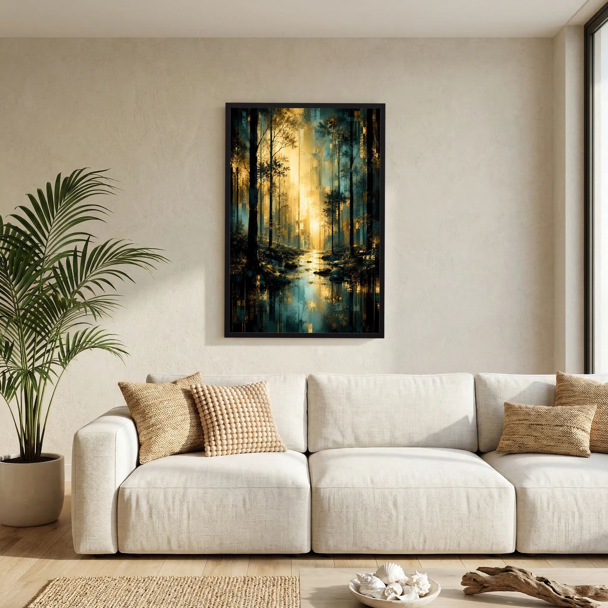 Poster Hochformat: Lichtung im Wald mit Spiegelung im Wasser, Türkis und Gold, schwarzer Rahmen