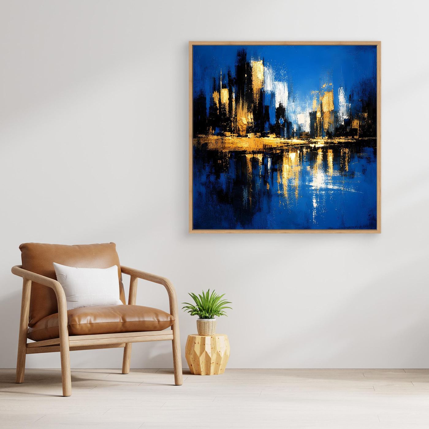 Leinwand Abstrakte Skyline in Blau und Gold | Modernes Großstadt Wandbild mit Spiegelung
