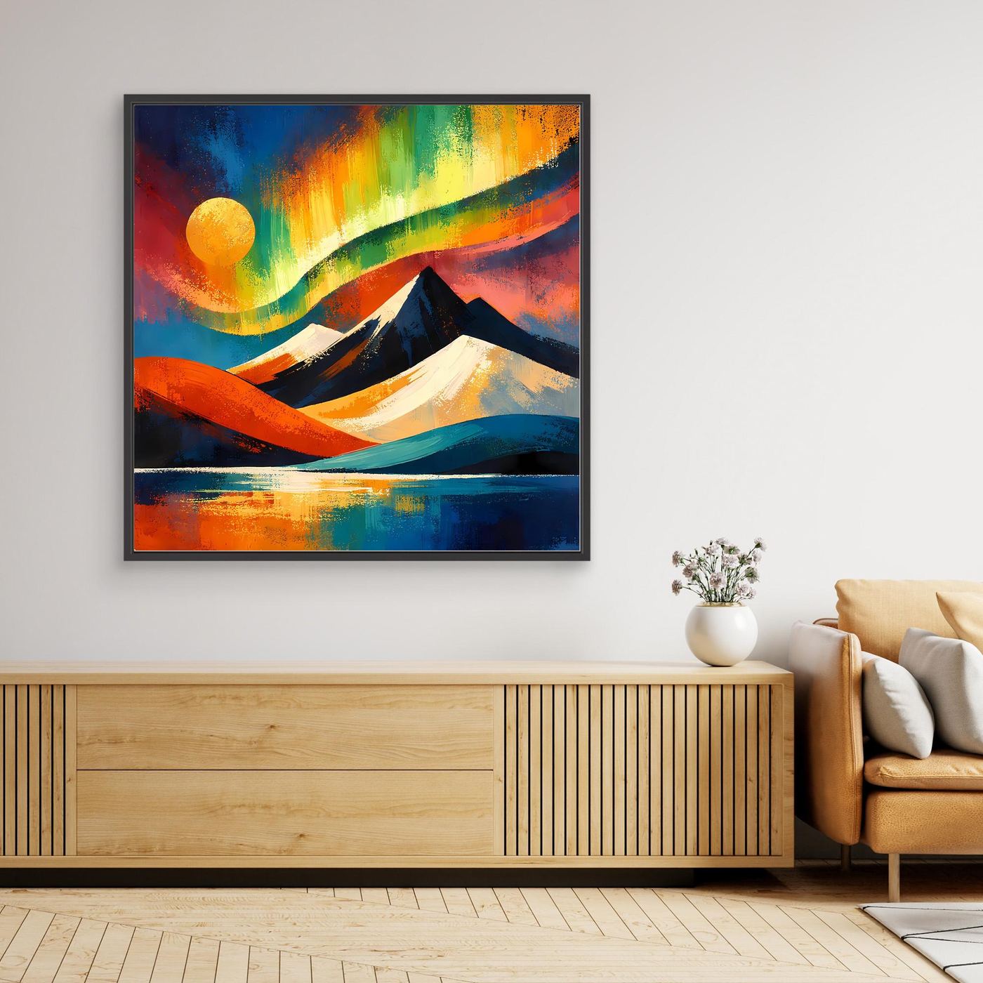 Leinwandbild mit abstrakter Berglandschaft, leuchtenden Farben und dunklem Rahmen