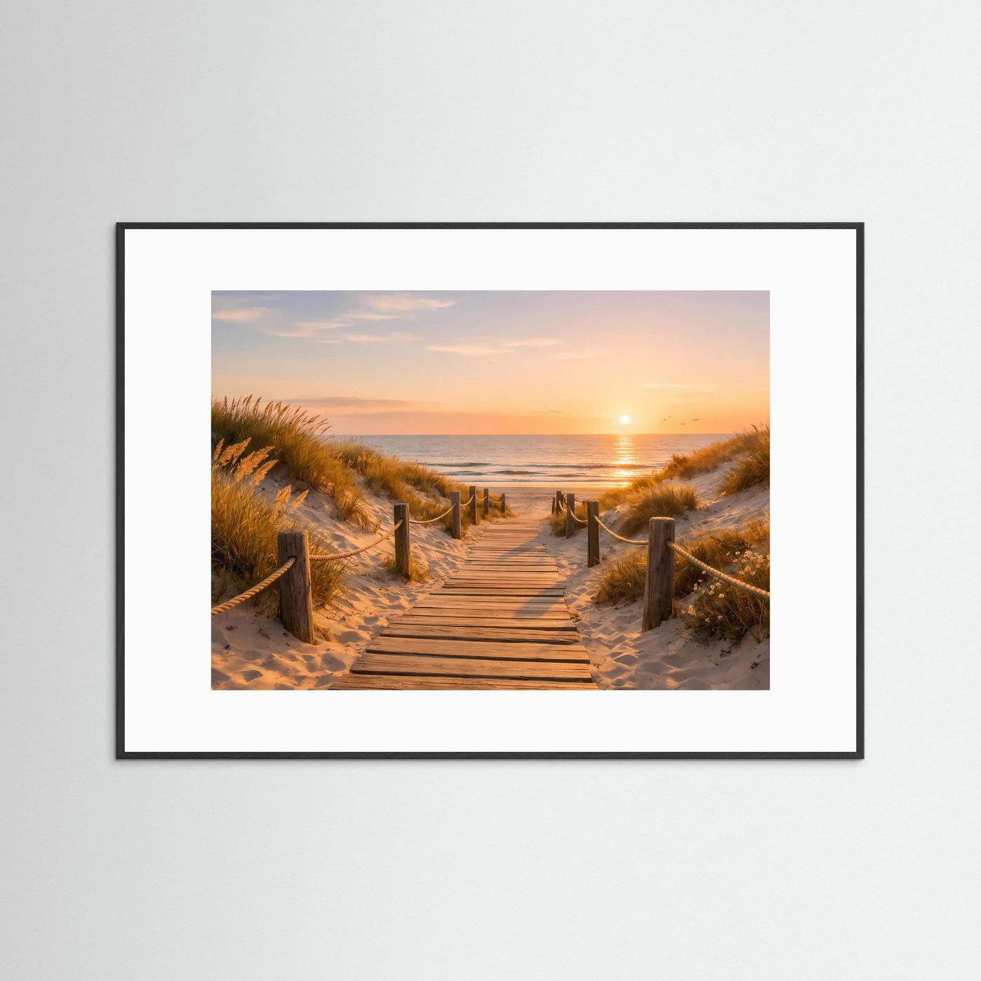 Wandposter mit Motiv: Pfad durch Dünen zum Meer bei Sonnenuntergang; schwarzer Rahmen