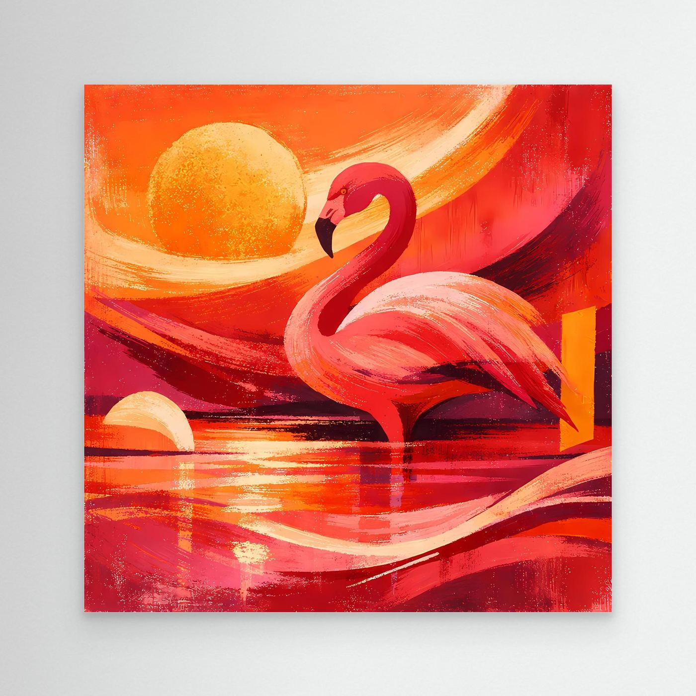 Modernes Leinwand-Wandbild mit rotem Flamingo und gelber Sonne über einer roten Wasserfläche