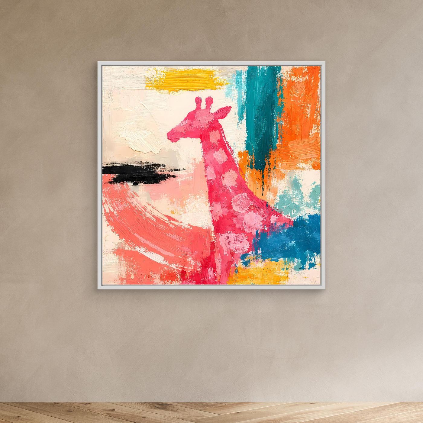 Leinwand-Wandbild mit abstrakter Giraffe im Pop-Art-Stil, pinke Figur im weißen Rahmen