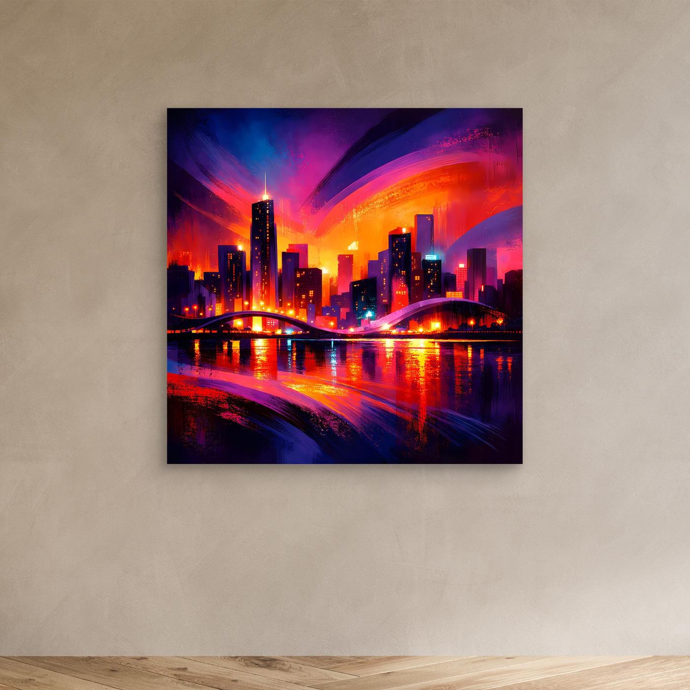 Wandbild auf Leinwand mit Neon-Skyline bei Nacht, ohne Rahmen an Wand