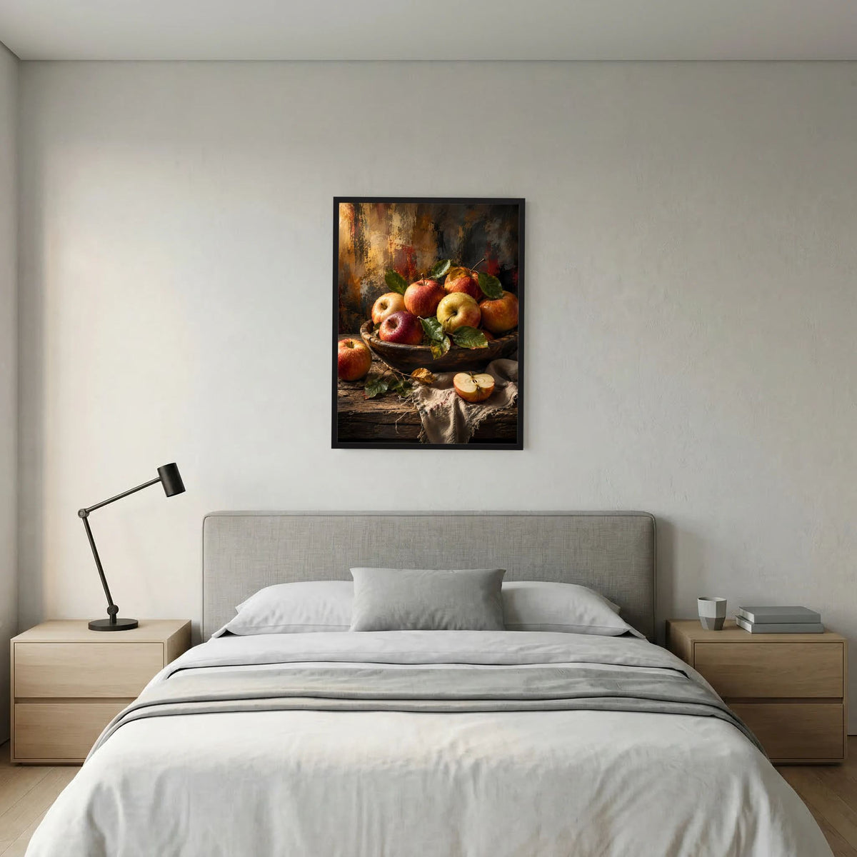 Gerahmtes Poster mit Apfel-Stillleben: rote Äpfel, gelbe Äpfel und Blätter