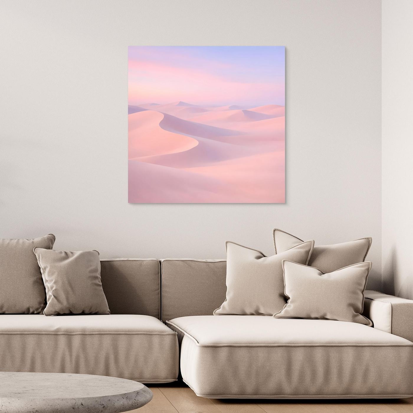 Quadratisches Leinwandbild mit Wüstendünen in Pastellrosa/Violett, ohne Rahmen