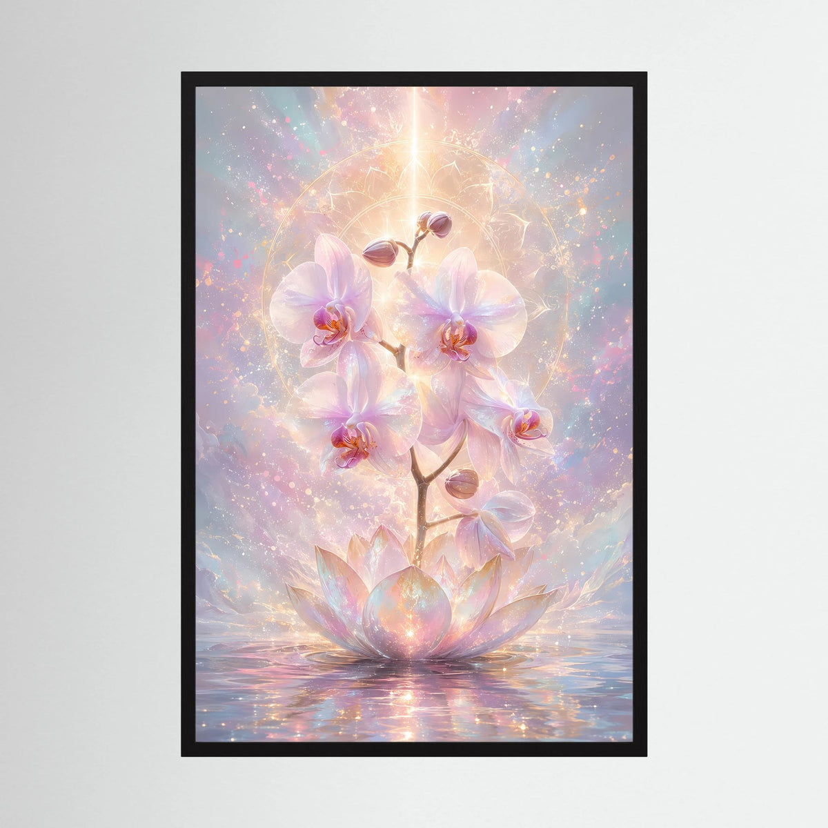 Hochformat-Poster mit Orchideen- und Lotusblüten in Pastell, Gold-Glanz, schwarzer Rahmen