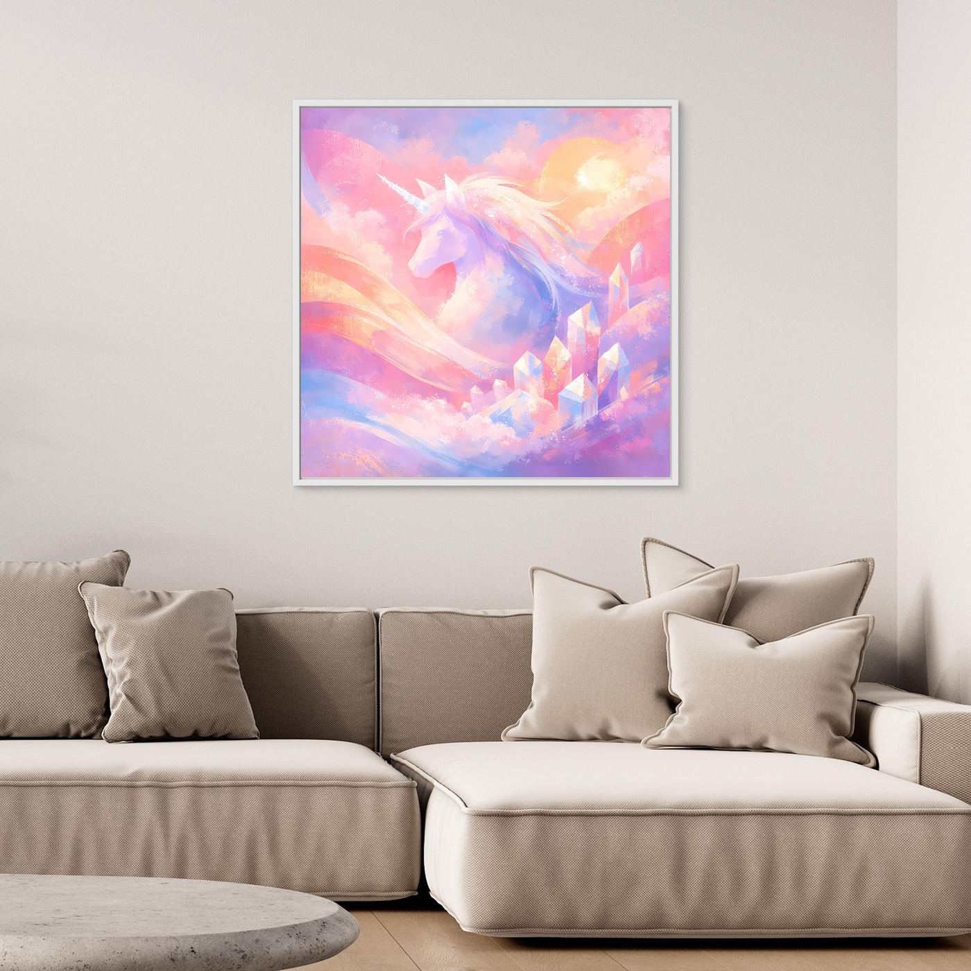 Leinwandbild mit magischem Einhorn, abstraktes Fantasy-Motiv, weißer Rahmen