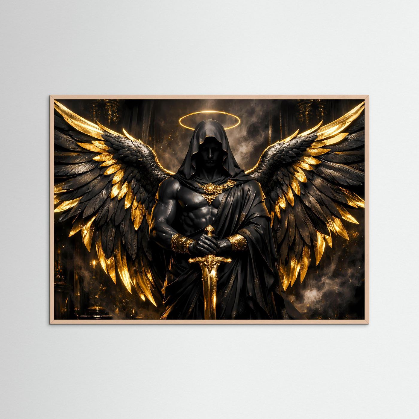 Dunkler Engel mit Goldflügeln & Schwert | Mystisches Wandbild Querformat