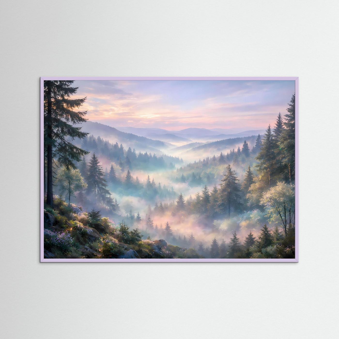 Wandposter mit Berglandschaft im Nebeltal, mit violettem Rahmen