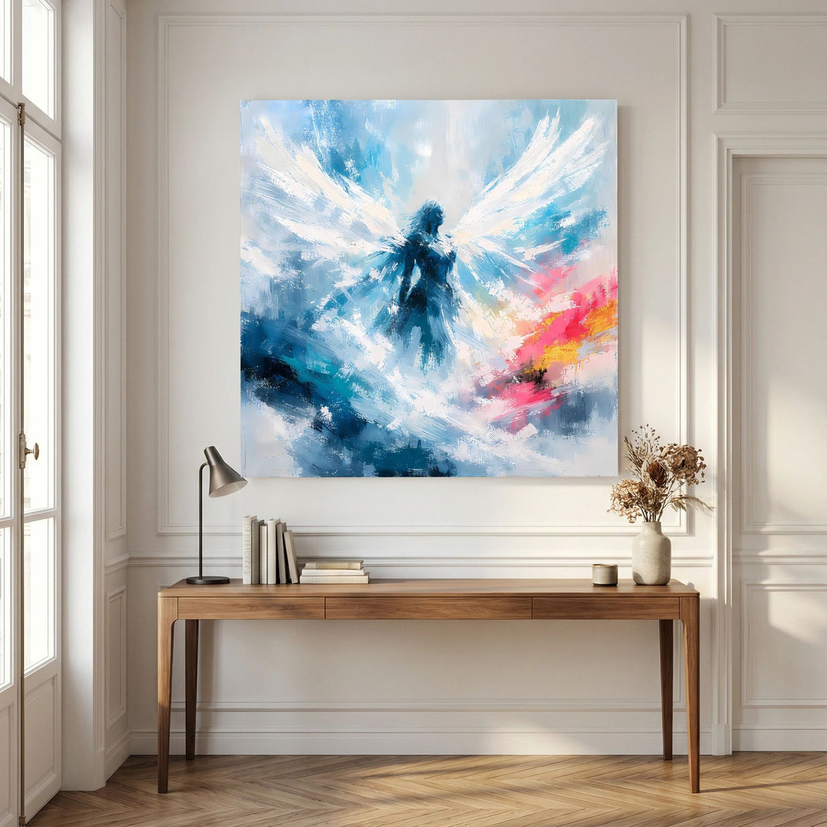 Quadratisches Leinwandbild mit abstraktem Engel in Blau und Weiß, sichtbarer heller Rahmen.