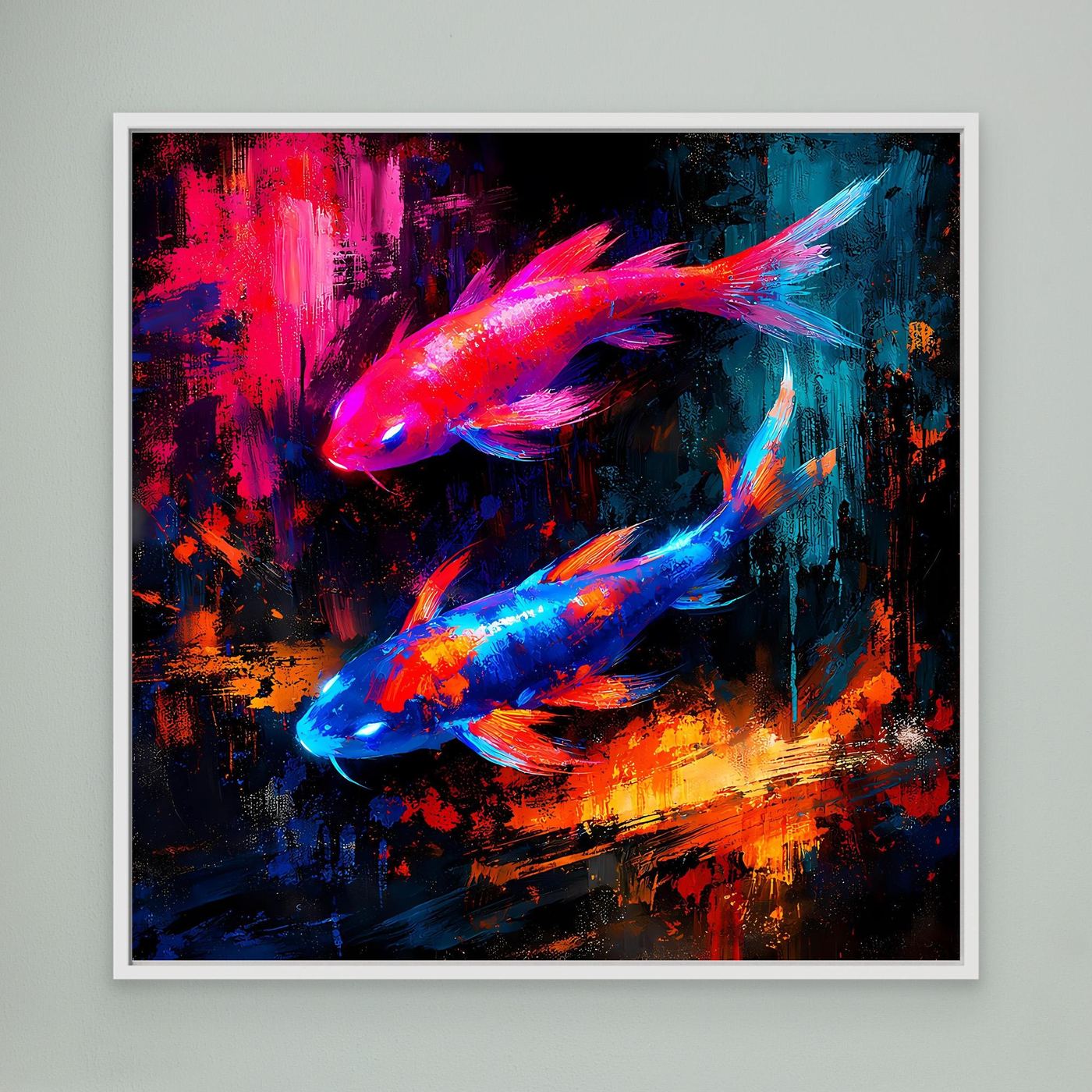 Leinwandbild mit zwei leuchtenden Koi-Fischen, Pink- und Blauschimmer im weißen Rahmen