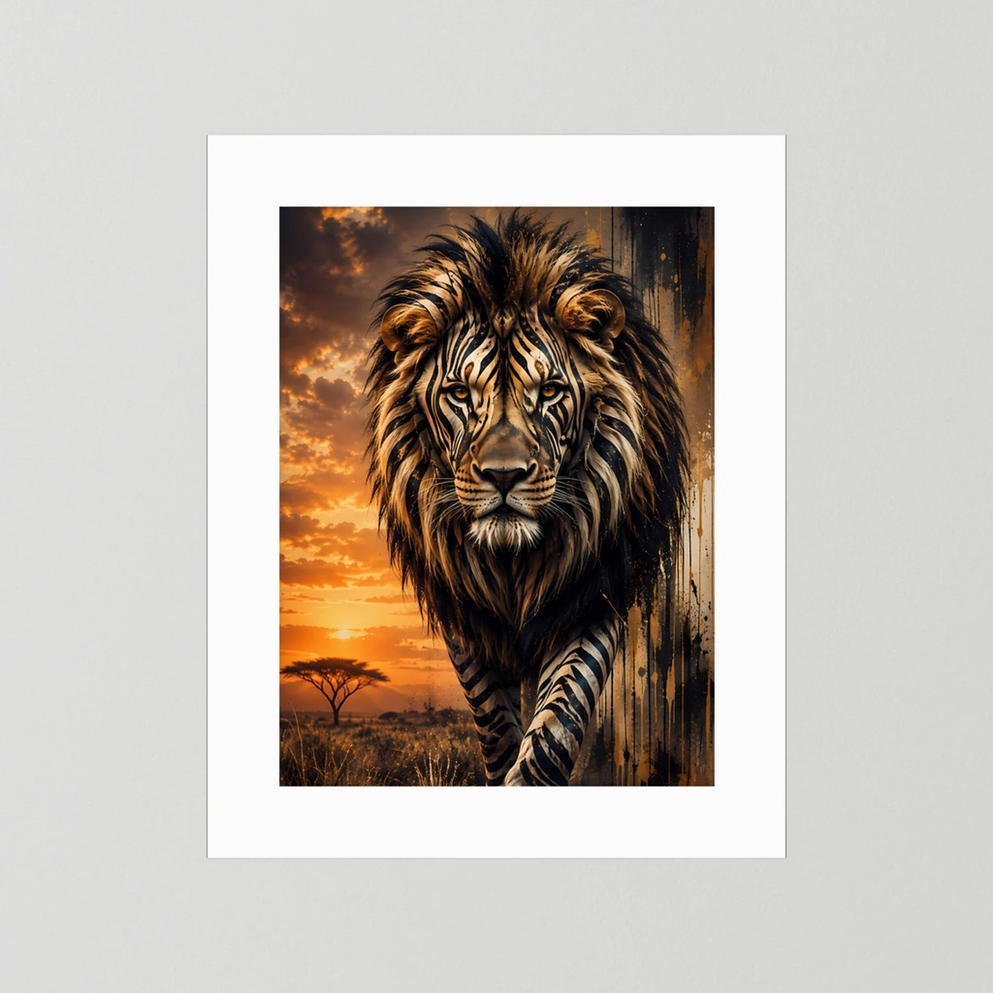 Löwenposter im Hochformat mit weißem Passepartout: Löwe mit Zebramuster