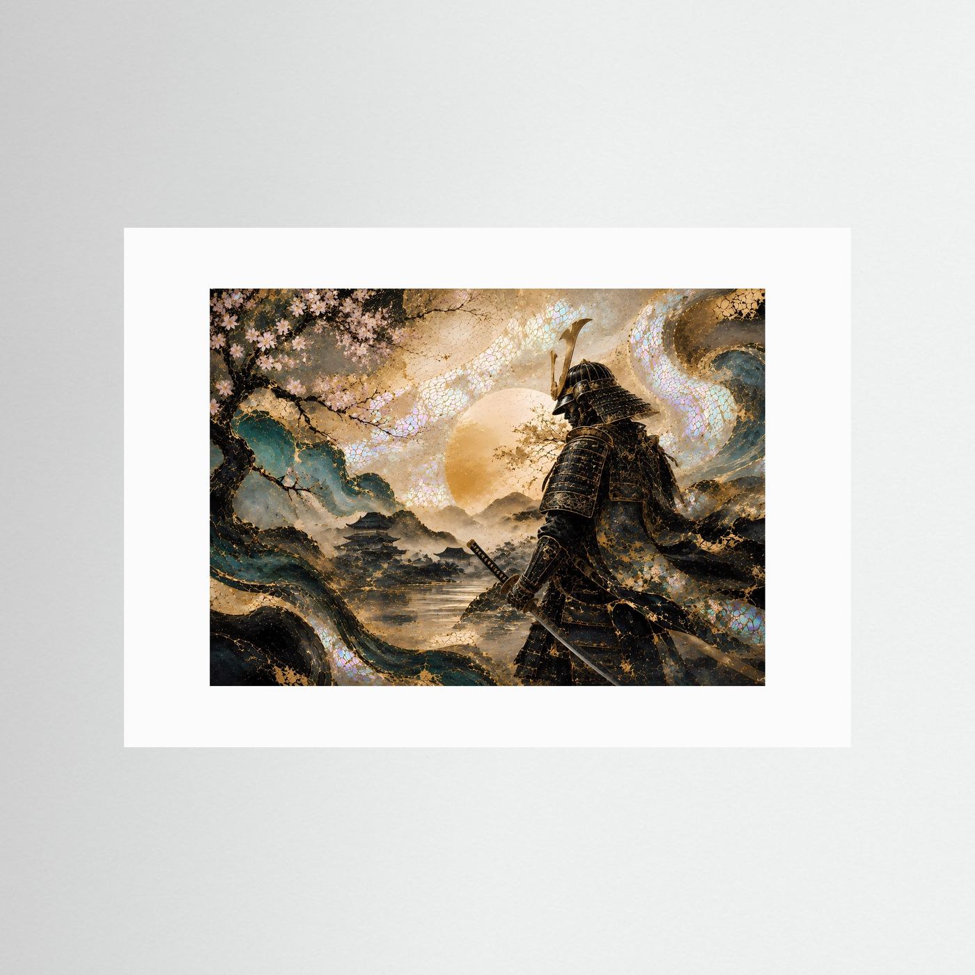 Wandkunst-Kunstdruck mit Samurai in Rüstung, Kirschblütenzweig und goldener Landschaft, ohne Rahmen