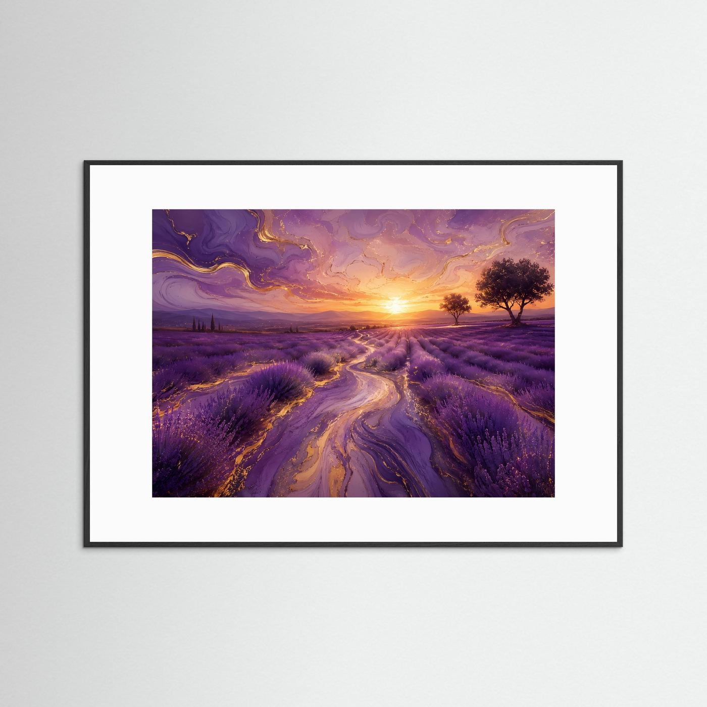 Lavendelfeld Goldfluss Poster | Abstrakte Provence Landschaft mit Sonnenuntergang Modernes Wandbild Querformat