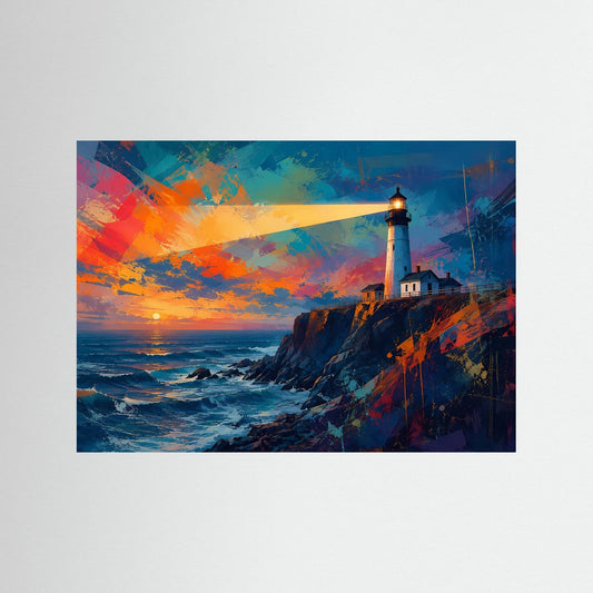 Kunstdruck mit Leuchtturm und Küste im Abendhimmel, Querformat, ohne Rahmen