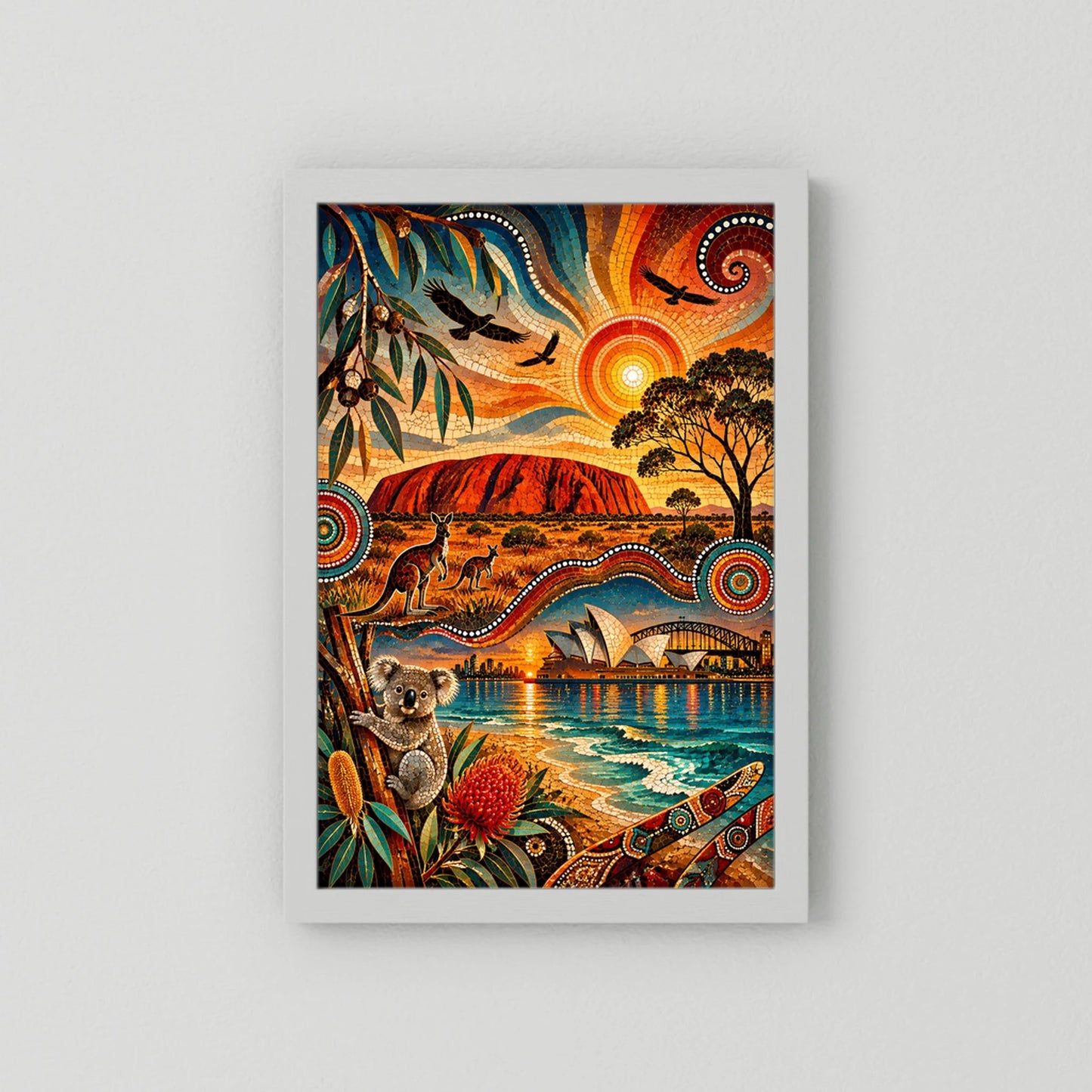Australien Mosaik | Uluru, Kängurus, Koala & Sydney im Aboriginal-inspirierten Stil | Poster Hochformat
