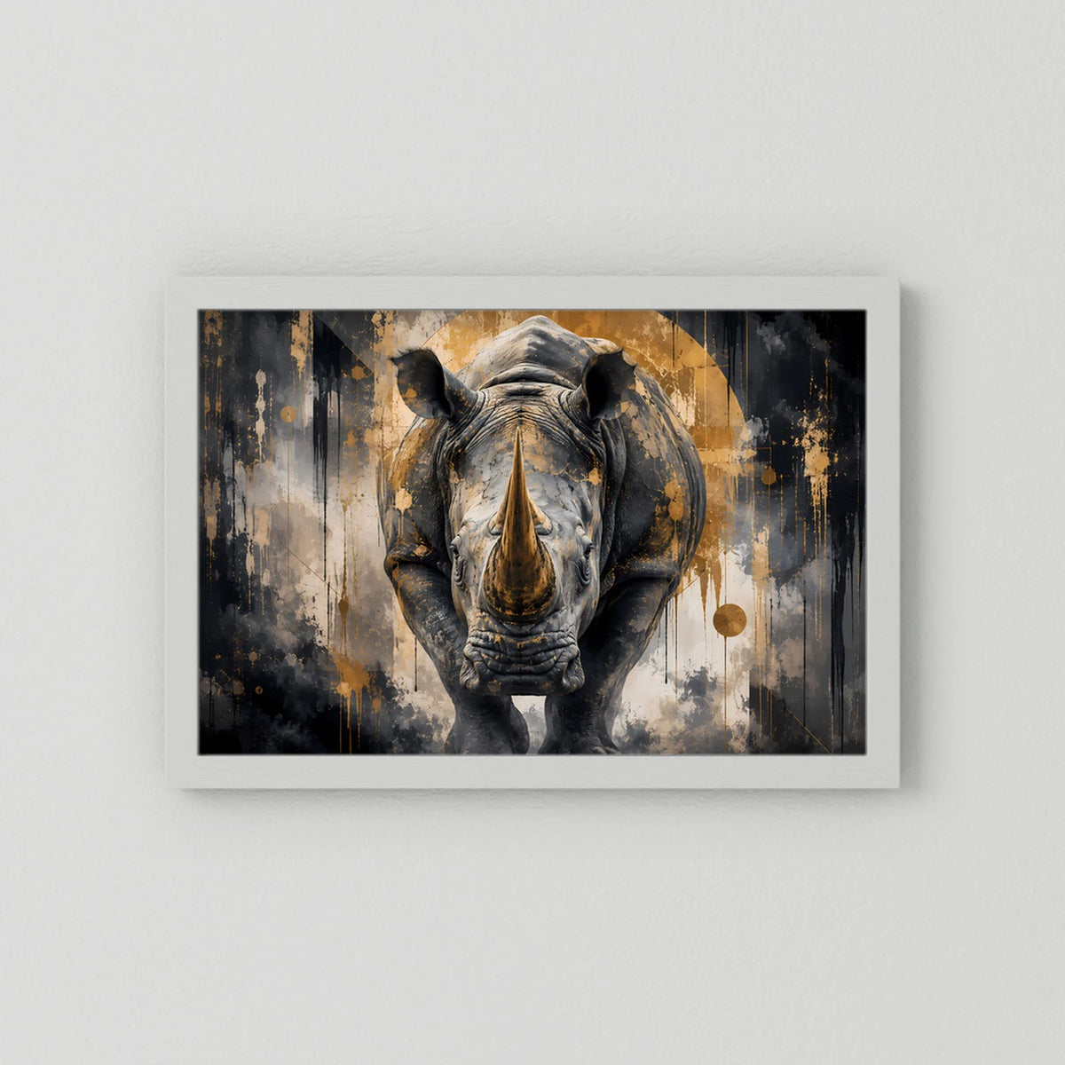 Abstraktes Nashorn-Poster mit weißem Rahmen, Schwarz-Gold-Tiermotiv im Querformat
