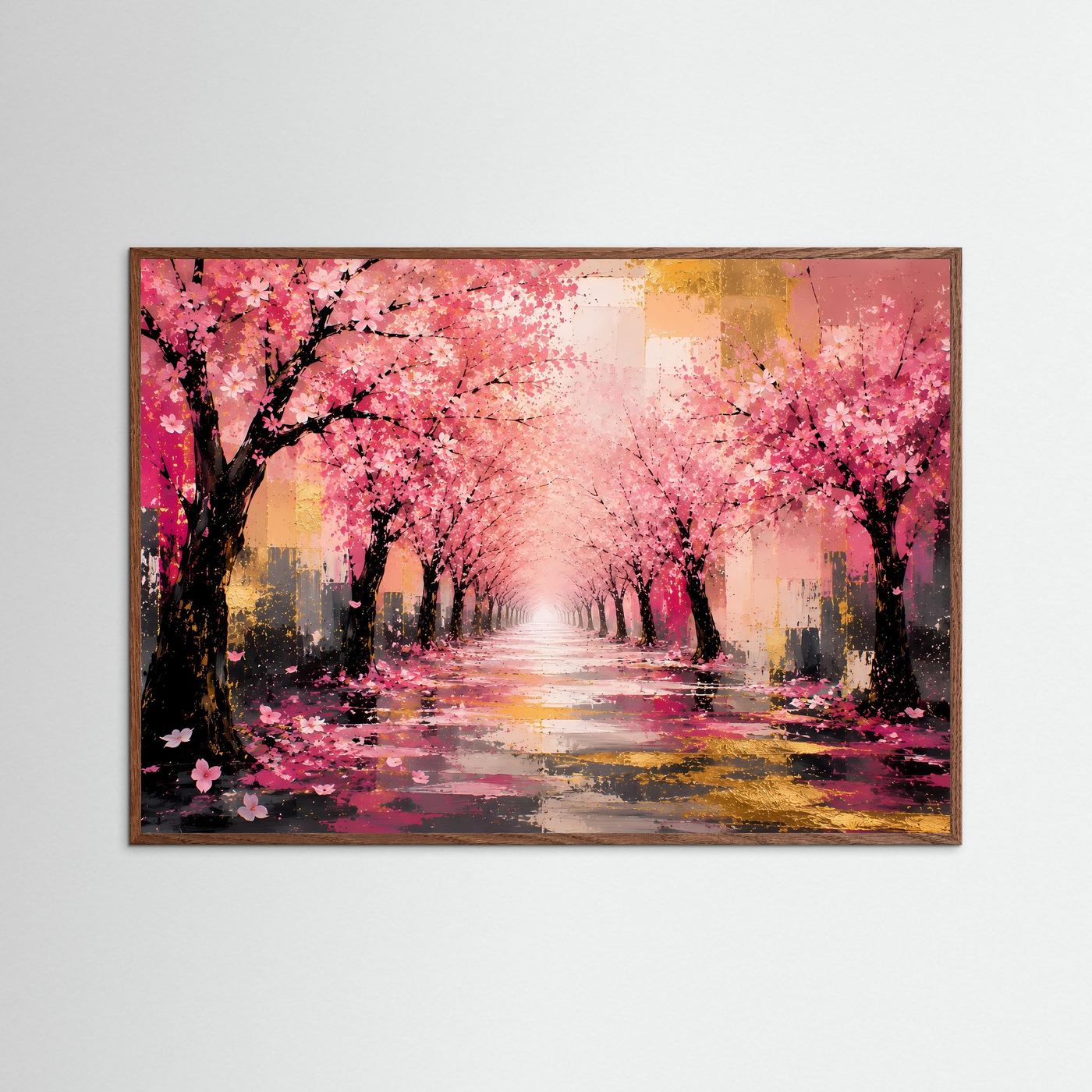 Kirschblütenallee in Rosa & Gold | Abstraktes Frühlings-Wandbild in Premiumqualität