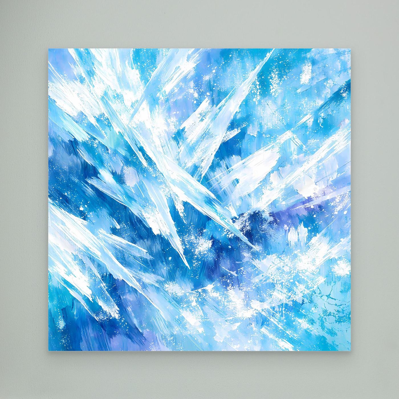 Quadratisches Leinwand-Wandbild mit blauem Eis- und Kristallmuster, ohne Rahmen