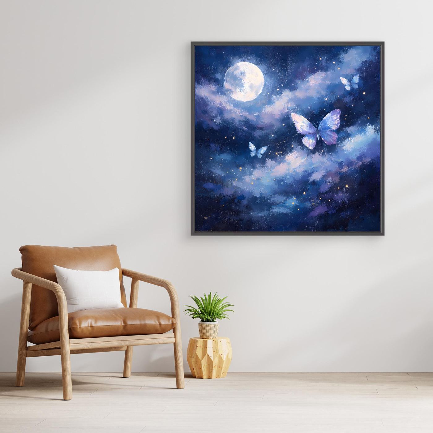 Leinwand-Wandbild: Nachthimmel mit Mond, Wolken und Schmetterlingen, verteilt im Bild
