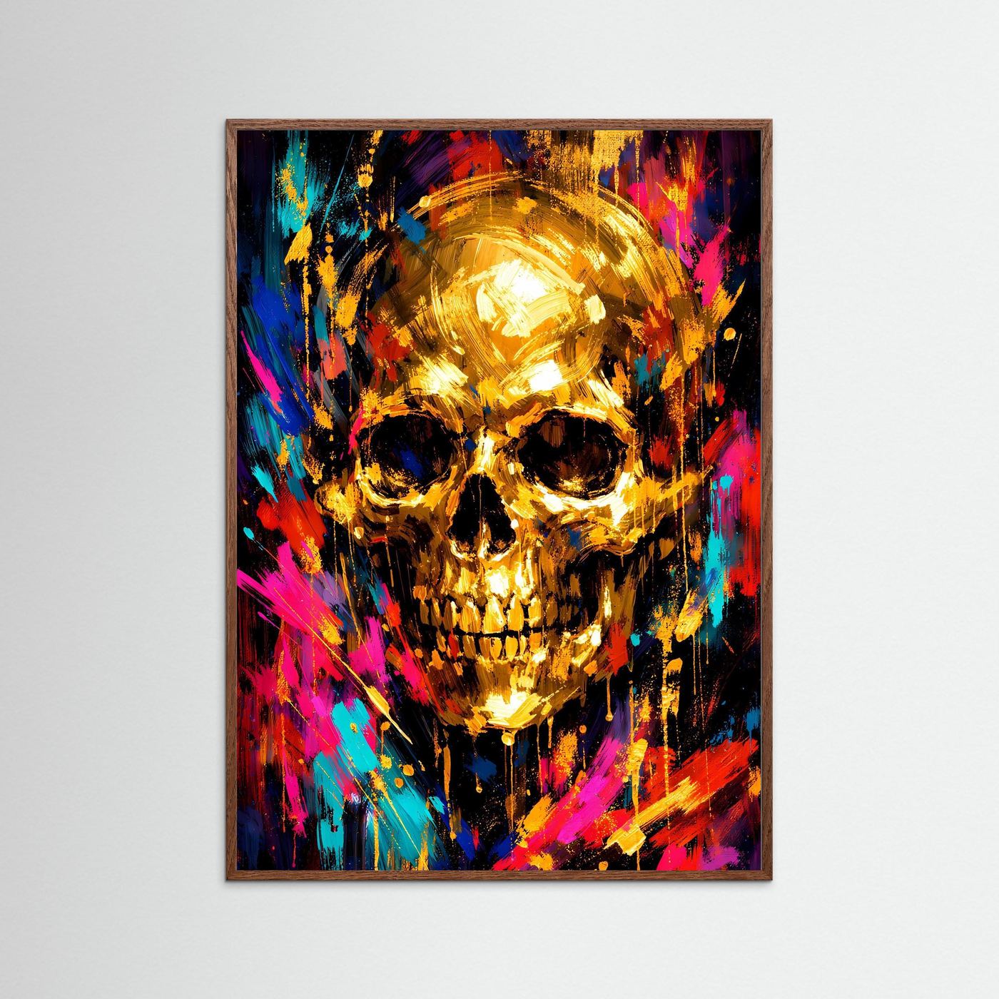 Totenkopf-Kunstposter mit goldenem Schädel und bunten Farbspritzern, im Holzrahmen