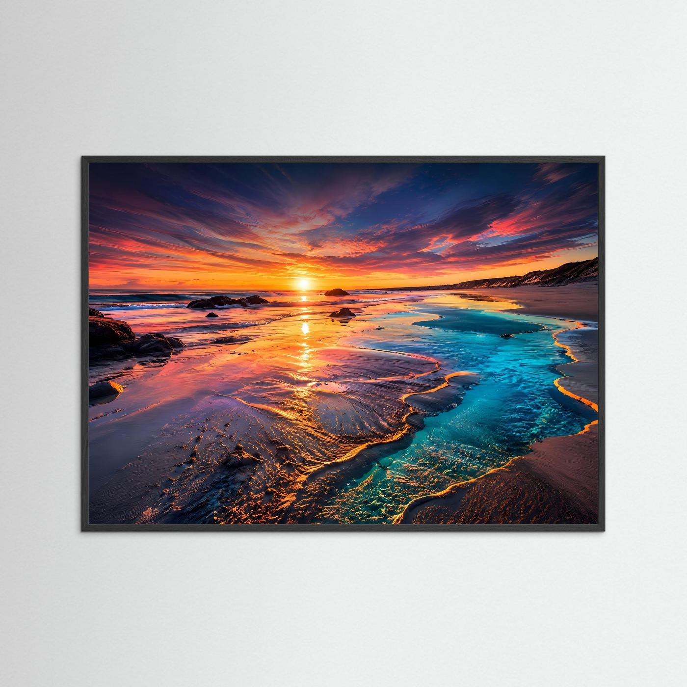 Sonnenuntergang Strand Poster | Türkis Küste Wandbild | Moderne Landschaft Kunst | Ozean Fine Art | Panorama Leinwand