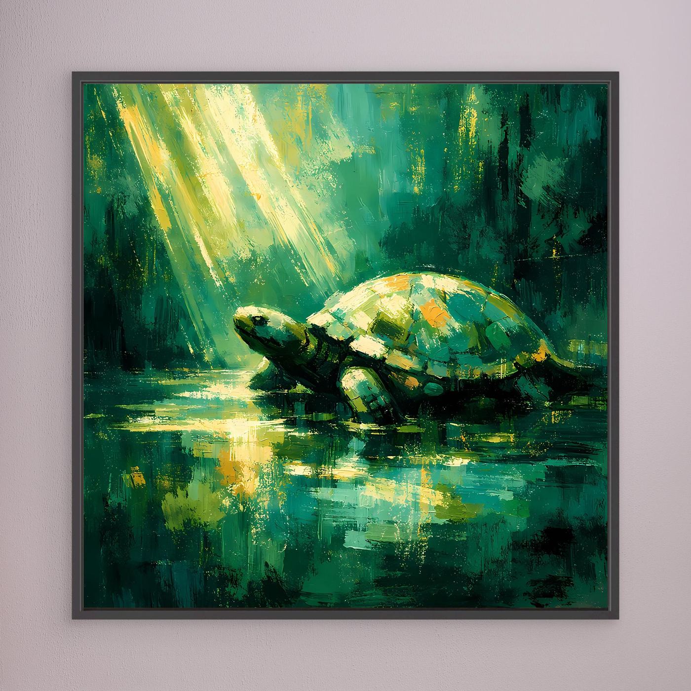 Leinwand Mystische Schildkröte im Lichtstrahl | Abstraktes Natur Wandbild Grün