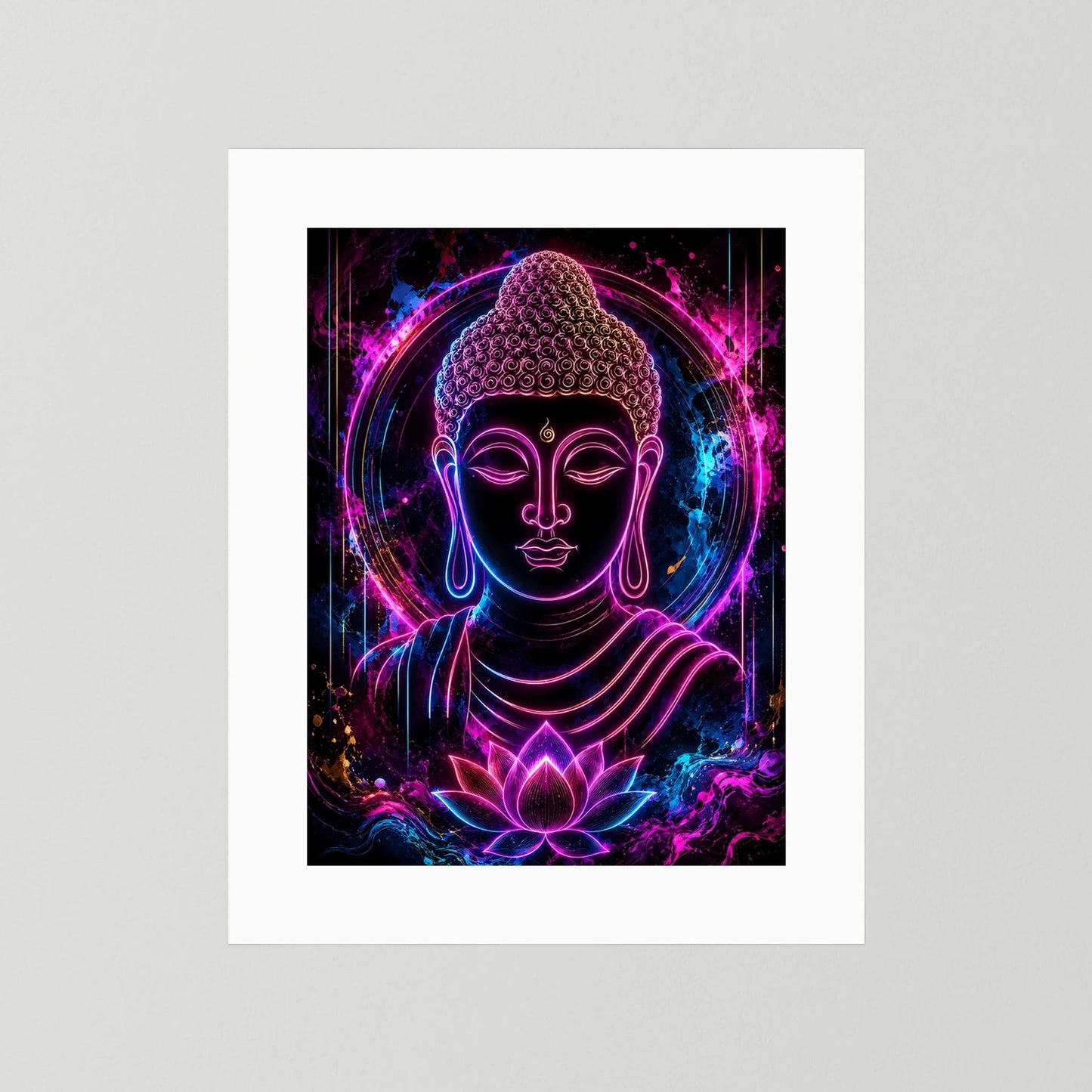 Neon-Buddha-Kunstwerk ohne Rahmen, Buddha und Lotus im Pink-Blau Neon-Look