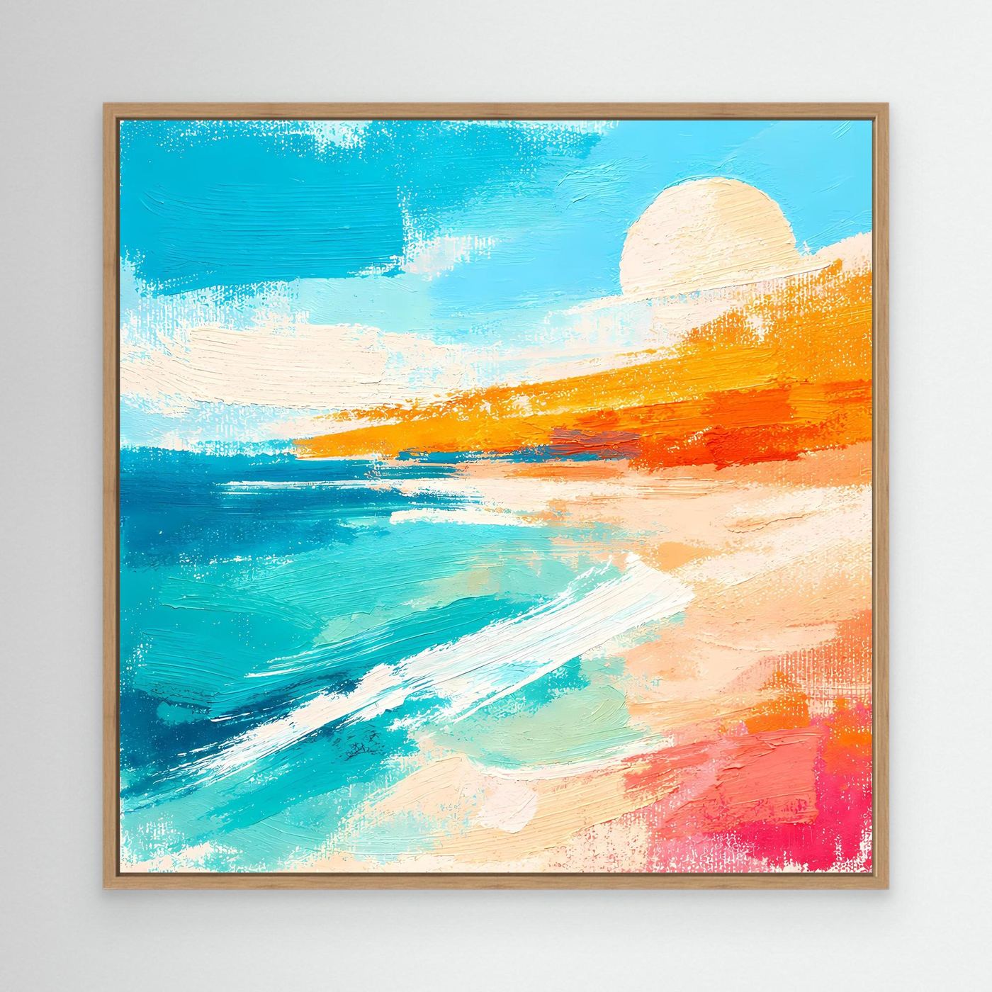 Abstract coastal canvas wall art with blue ocean, sandy shore, and orange sunset in oak frame.